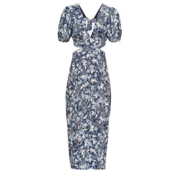 Reiss Jennah Print Printed Puff Sleeve Midi Dress, Navy/White - Size 4 - Picture 1 of 10